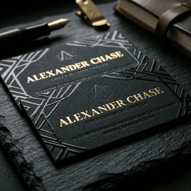 Premium business cards featuring 3D raised spot UV coating and gold foil embellishments by MG Digital Press